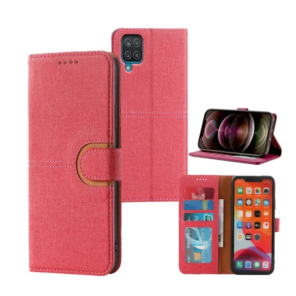 Galaxy A12 PU leather wallet case canvas finish combined hot pink