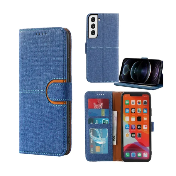 Samsung-Galaxy-s22-PU-leather-wallet-case-canvas-finish-combined-blue-1
