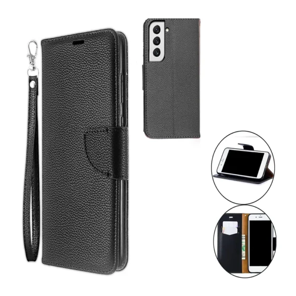 Samsung-Galaxy-s22-plus-PU-leather-wallet-case-lichi-grain-finish-black–1